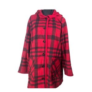 Susan Graver Womens XL Weekend Red Black Plaid Reversible Fleece Hooded Jacket